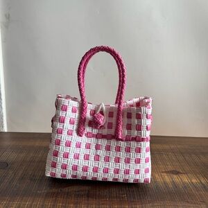 White Pink Handmade Plastic Woven Bag